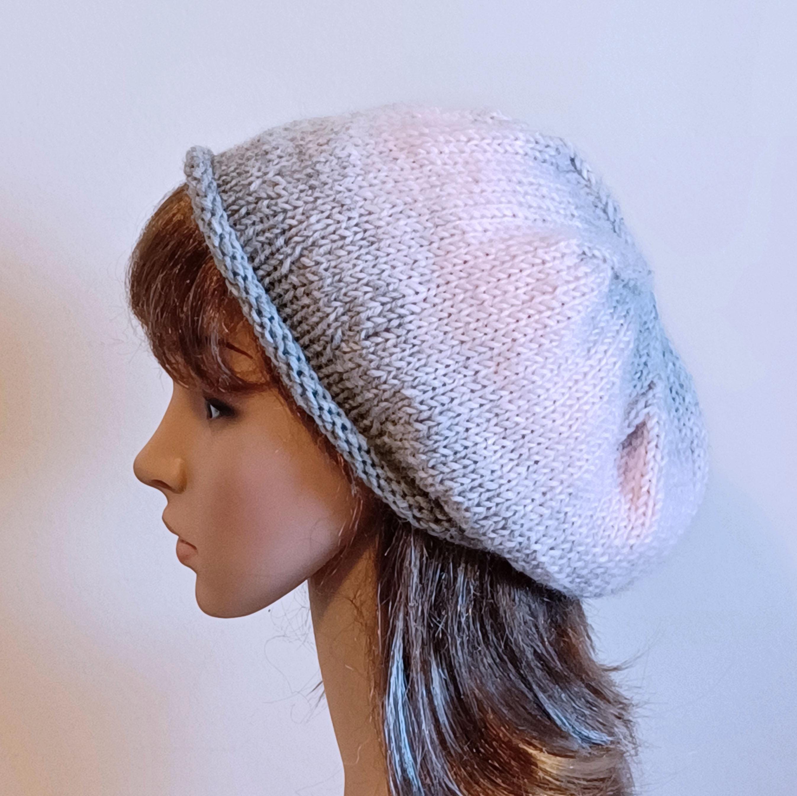 Vintage Avon Gray and Pink Knit Beret Pink and Gray Beret: Hand Knit Extra Slouchy Tam, Petal Pink  main image 4