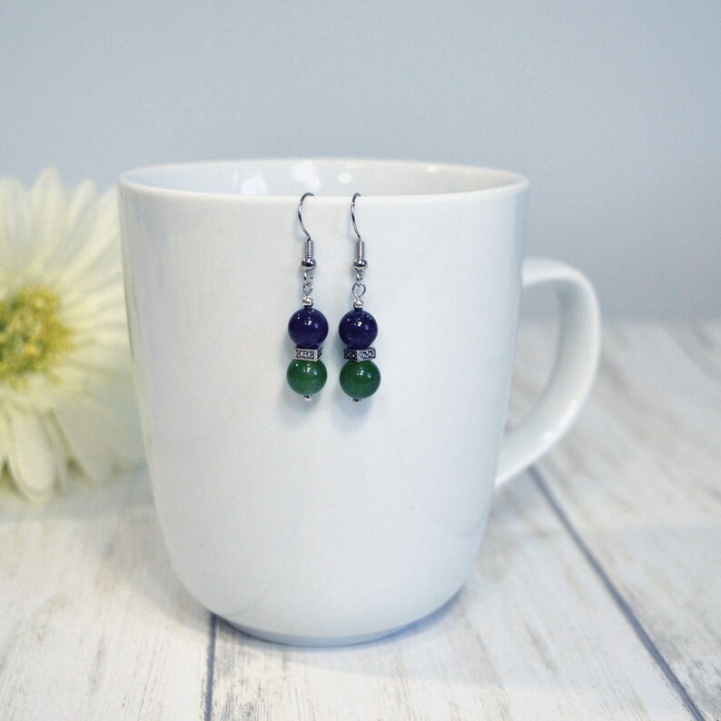 Navy & Kelly Green Earrings: Aventurine and Dark Blue Goldstone Drop Earrings, Nickle Free Ear Wires, Handmade in the USA, Ready to Ship image 7