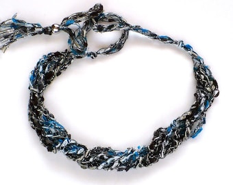 Black & Blue Ladder Yarn Necklace: Crocheted Ribbon Necklace, Fiber Jewelry, Gifts for Her, Handmade Jewelry, Ready to Ship