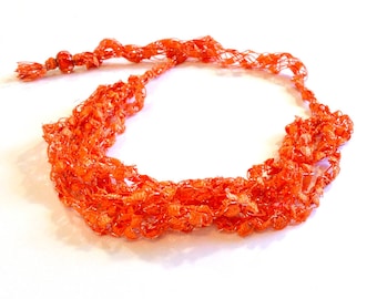 Bright Orange Ladder Yarn Necklace: Orange Ribbon Necklace, Fiber Jewelry, Adjustable Crochet Choker, Gifts for Women, Handmade in the USA