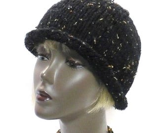 Black Tweed Rolled Brim Hat: Hand Knit Twenties Style Cloche, Size S/M, Handmade in the USA