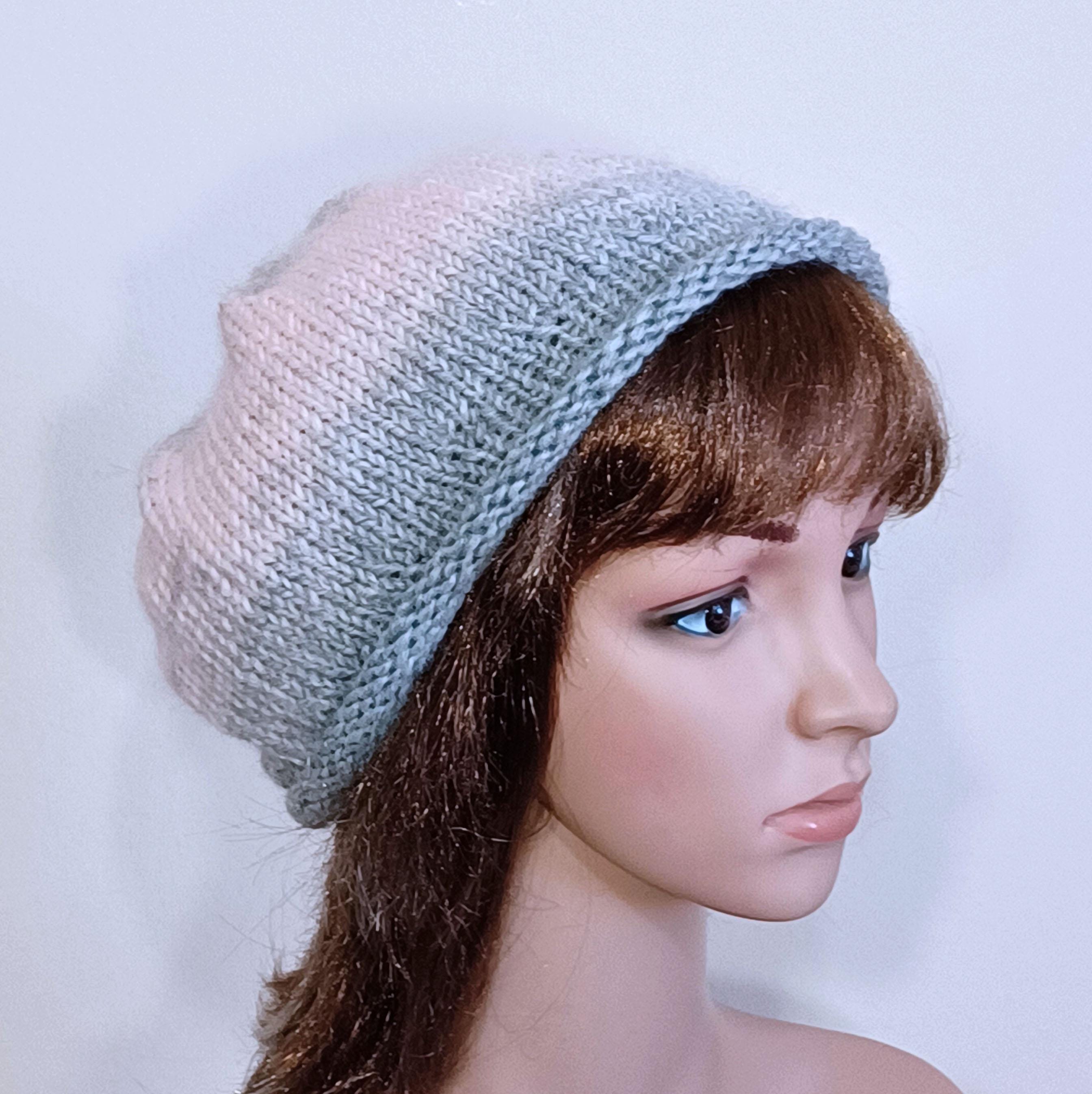 Vintage Avon Gray and Pink Knit Beret Pink and Gray Beret: Hand Knit Extra Slouchy Tam, Petal Pink  main image 2