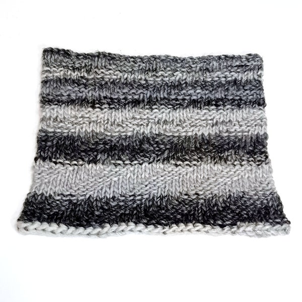 Gray Striped Hand Knit Cowl: Gray, Black & White Swirly Cowl, Soft Neck Warmer, Chunky Knit Cowl, Seamless Knit, Handmade in the USA