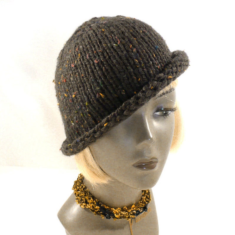 Brown Tweed Bucket Hat Hand Knit Rolled Brim Hat Twenties Etsy