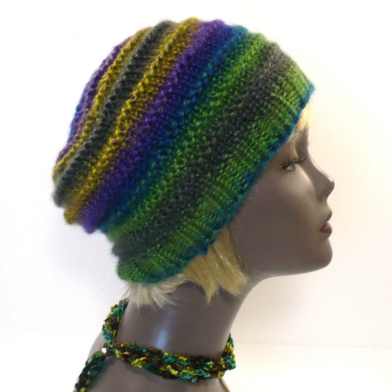 Ready to Ship Vegan Hat Woman/'s Slouchy Hat Green Striped Beanie; Green Blue and Purple Hand Knit Hat Striped Knit Hat