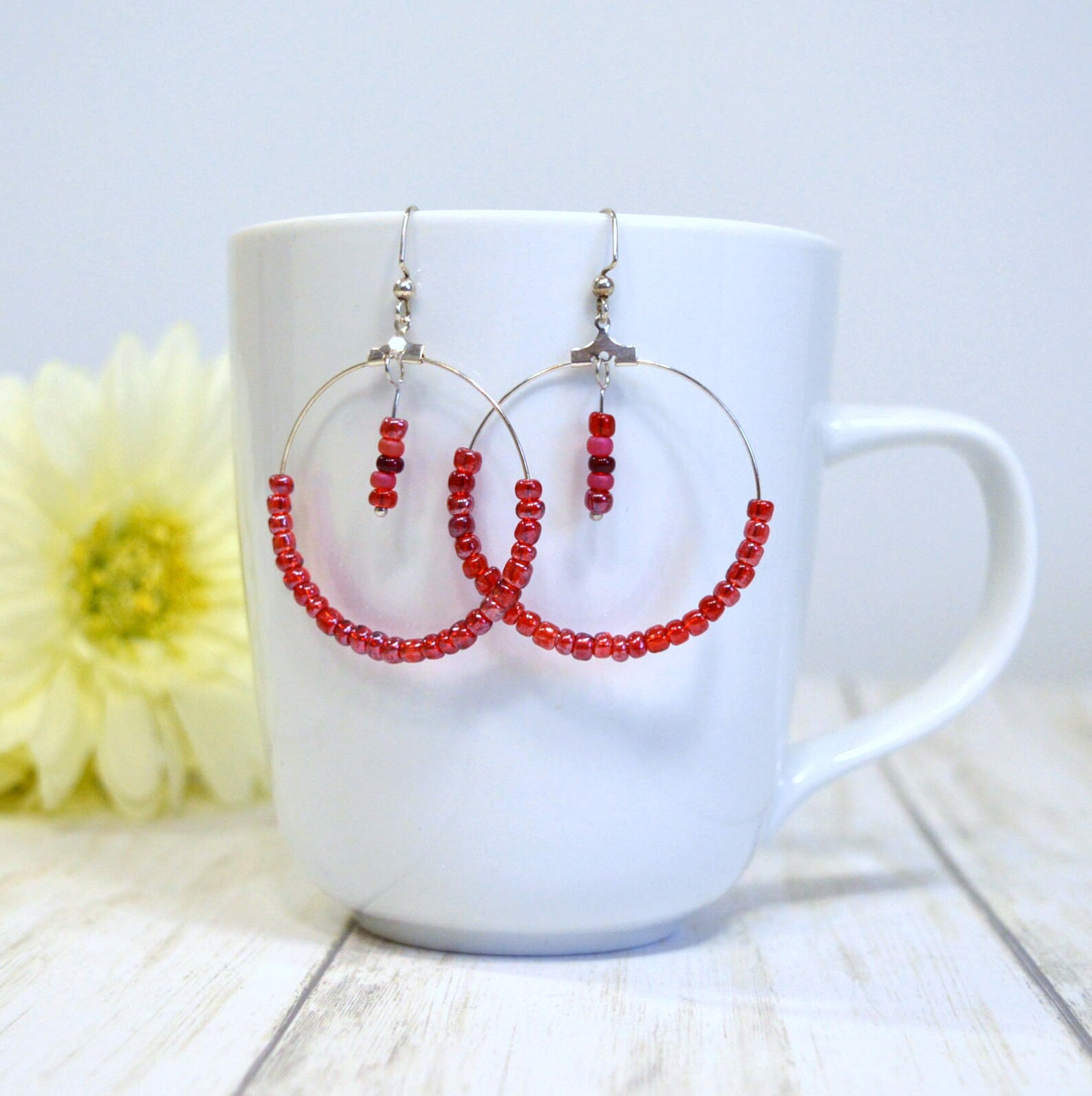 Red & Silver Hoop Earrings Extra Large Hoop Earrings Beaded Etsy