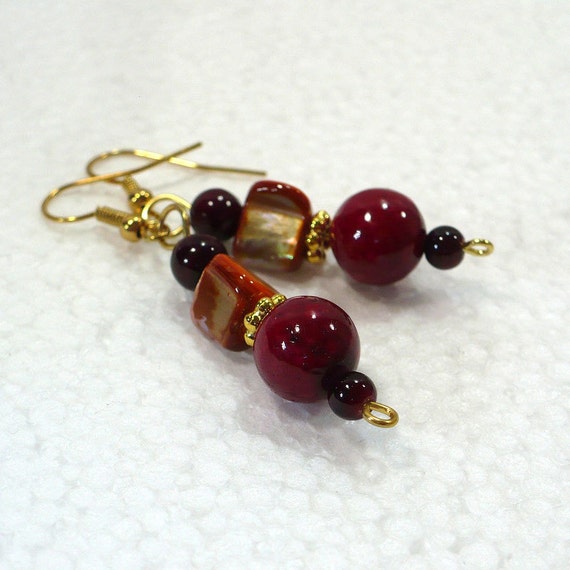 Red & Gold Dangle Earrings with Natural Shell and Quartzite
