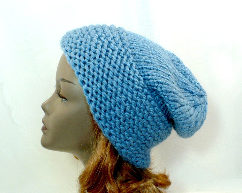 Sky Blue Warm Winter Beanie: Cossack Style Hat, Hand Knit Chunky Wool Blend, Adult Hat Size S/M, Handmade in the USA, Ready to Ship image 5