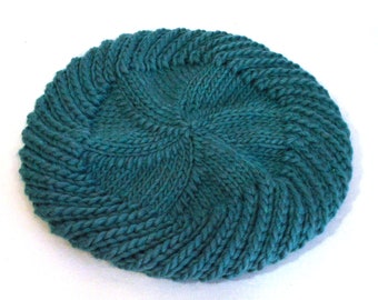Hand Knit Beret: Deep Teal Soft Wool Blend Tam, Textured Swirl Design, Size S, Handmade in the USA