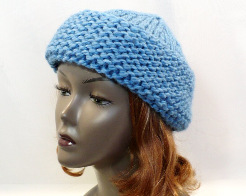 Sky Blue Warm Winter Beanie: Cossack Style Hat, Hand Knit Chunky Wool Blend, Adult Hat Size S/M, Handmade in the USA, Ready to Ship image 3