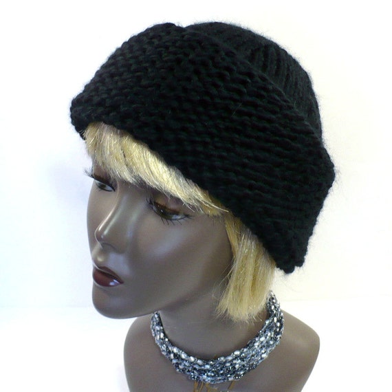 Hand Knit Winter Hat: Black Russian Style Warm Wool Blend Hat, One Size Fits Most, Handmade in the USA