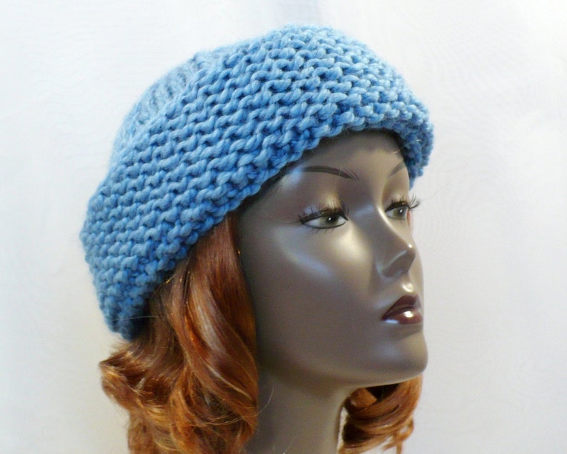 Sky Blue Warm Winter Beanie: Cossack Style Hat, Hand Knit Chunky Wool Blend, Adult Hat Size S/M, Handmade in the USA, Ready to Ship image 6