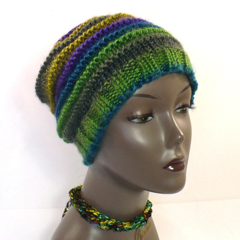 Ready to Ship Vegan Hat Woman/'s Slouchy Hat Green Striped Beanie; Green Blue and Purple Hand Knit Hat Striped Knit Hat
