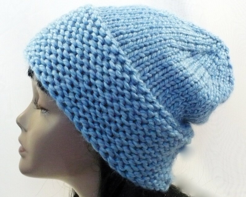 Sky Blue Warm Winter Beanie: Cossack Style Hat, Hand Knit Chunky Wool Blend, Adult Hat Size S/M, Handmade in the USA, Ready to Ship image 2