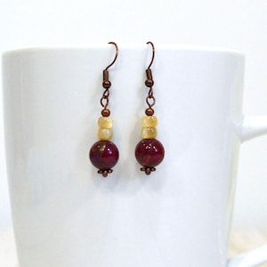Berry Red Drop Earrings: Mixed Stone Earrings with Translucent Shell Beads, Copper Plated Ear Wires, Handmade in USA