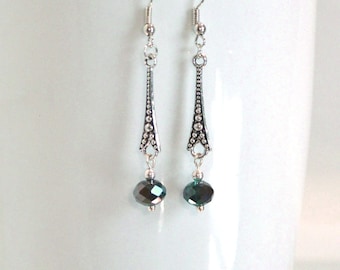 Green & Silver Dangle Earrings: Art Deco Style Earrings on Nickle-Free Ear Wires, Color Variations Available, Handmade in USA
