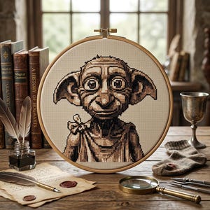 Korsstygnsmönster med Dobby-porträtt i PDF-format | Harry Potter-korsstygn | Husälvbroderi | Digital nedladdning av Wizarding World