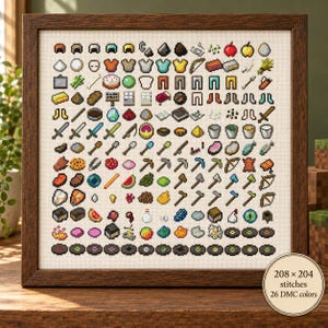 Op de afbeelding: Een ingelijst kruissteekpatroon met een raster van diverse gepixelde Minecraft-spelitems, waaronder gereedschap, bepantsering, voedsel en materialen. Een rond label toont de tekst 208 x 204 stitches en 26 DMC colors.