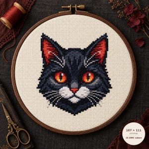 May include: A cross-stitch pattern of a black cat face with bright orange eyes, red-tinted ears, and a white muzzle, set in a circular wooden embroidery hoop. The design includes text stating 107 x 111 stitches and 15 DMC colors.
