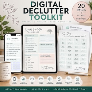 Könnte beinhalten: Ein digitales Aufräum-Toolkit mit einem Tablet, das ein Dashboard anzeigt, einem Smartphone mit einer E-Mail-Reset-Checkliste und gedruckten Seiten für eine 30-Tage-Challenge. Das Set enthält 20 ausfüllbare und druckbare Seiten mit Symbolen für Telefon, Fotos, E-Mail, Dateien, Apps, Passwörter und soziale Medien.