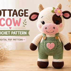 Puede incluir: Un juguete de vaca tejido a ganchillo con pelaje color crema, manchas marrones y orejas rosas, que lleva un overol verde con un parche de corazón rosa. El texto COTTAGE COW CROCHET PATTERN DIGITAL PDF PATTERN aparece a la izquierda en marrón y rosa.