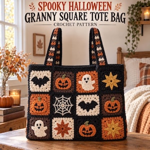 May include: A crochet tote bag featuring a grid of squares with Halloween motifs including pumpkins, ghosts, bats, spiderwebs, and stars in black, orange, white, and brown. The text above reads SPOOKY HALLOWEEN GRANNY SQUARE TOTE BAG CROCHET PATTERN.