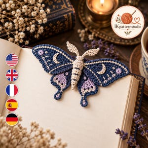 Crochet Corner Bookmark Pattern: Celestial Night Moth with Crescent Wings, Flat Cotton Page Pocket and Digital PDF Instructions
