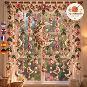 May include: A crochet window valance featuring a central crescent moon adorned with pink flowers and a moth, surrounded by hanging strands of crocheted moons, moths, flowers, leaves, and gold stars. The top border has a lace-like scalloped edge.
