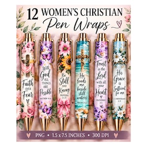 May include: Six pens featuring floral and religious designs with text including Faith Over Fear, With God All Things Are Possible, Be Still And Know, He Leads Me Beside Still Waters, Trust In The Lord, and His Grace Is Sufficient For Me.
