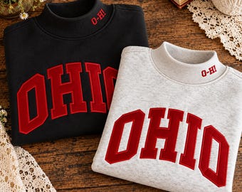 Sudadera de cuello alto con aplique bordado personalizado de la universidad: Sudadera personalizada de Ohio con cuello alto, jersey con letras universitarias, universidad estatal de la ciudad natal.