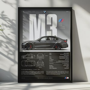 以下が含まれることがあります： グレーのBMW M3セダンを側面から捉えた額入りポスター。大きな白いM3の文字、技術仕様、様々な角度からの車の線画がデザインされています。BMWのロゴとMカラーのストライプがプリントに確認できます。