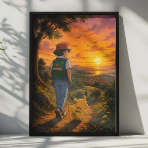 Op de afbeelding: Een ingelijste kunstdruk met een tekenfilmfiguur met een rood-witte pet, blauw vest en groene rugzak die over een zandpad loopt met een geel wezen, tegen de achtergrond van een landschap bij een zonsondergang.
