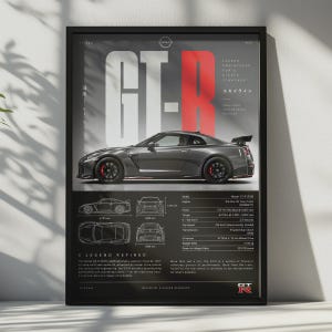 May include: A framed poster featuring a side profile of a grey Nissan GT-R. The design includes large white and red text reading GT-R, technical line drawings of the car from multiple angles, and a detailed list of vehicle specifications in English.