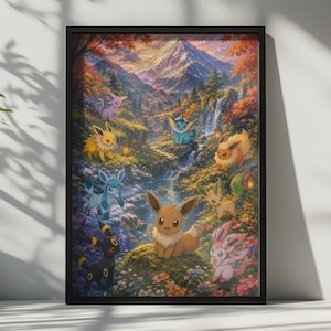 May include: A framed wall art print depicting a mountain landscape with a waterfall and nine Eevee evolution creatures. The scene features autumn foliage, a flowing stream, and colorful flowers surrounding the characters in a vibrant forest setting.