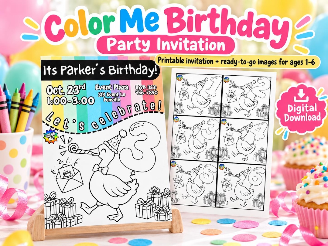 Color Me Birthday Invitation Template, Printable Digital Download for ...