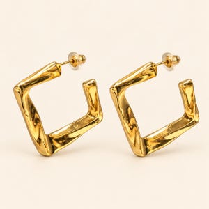 18 K Gold Filled Square Hoop Earrings, Geometric Statement Hoops, Modern Minimalist Sculptural Earrings, Everyday Jewelry, Gift For Her