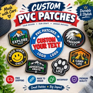 Puede incluir: Una colección de parches de PVC personalizados con varios diseños, incluyendo un paisaje de montaña con Explore More, un águila calva con Freedom, una cara sonriente con Good Vibes Only, una tienda de campaña con Camp Life y una huella con Wild Life.