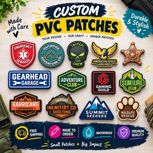 May include: A collection of custom PVC patches in various shapes and colours, featuring designs like a red medical shield, a blue mountain circle, a skull, an eagle, a police star, and text logos including Gearhead Garage and Summit Seekers.