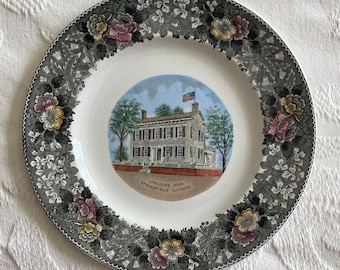 Lincolns Home~Springfield Illinois~Old English Staffordshire Ware plate~JonRoth England~9" wide~Historical plate~floral border~gallery wall