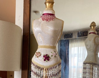 Tabletop fabric and beaded mannequin~gold metal stand~pinks and creams~feminine decor~18-1/2" tall x 4" wide~4-1/2" base~Valentines Day gift