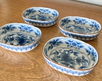 Japanese blue and white signed oval porcelain bone china~set of 4 dishes~2-3/4" wide x 3-1/2" long x 3/4" deep~condiment dish~candy dish