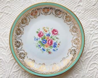 Tirschenreuth Bavaria mint green rimmed plate~7-1/2" wide~beautiful gold floral designs~pink roses~yellow and blue flowers~gallery wall