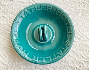 Statler Hotel teal color ceramic matchbook holder ashtray~1940s~collectible ashtray~5-1/4" diameter~bar decor~man cave~Tobacciana