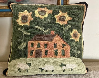 Park Designs Teresa Kogut sunflowers house and sheep hooked rug pillow~18" x 18" x 4-1/2" thick~Farmhouse decor~Country cottage decor