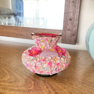 Pink seashell and silver glitter encrusted vase3-1/2 tall x 4 bottom diameterseashell mosaic folk art vase1950sshell artgift for Mom image 1