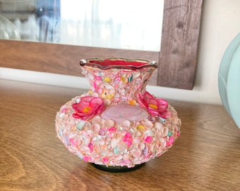 Pink seashell and silver glitter encrusted vase~3-1/2" tall x 4" bottom diameter~seashell mosaic folk art vase~1950s~shell art~gift for Mom