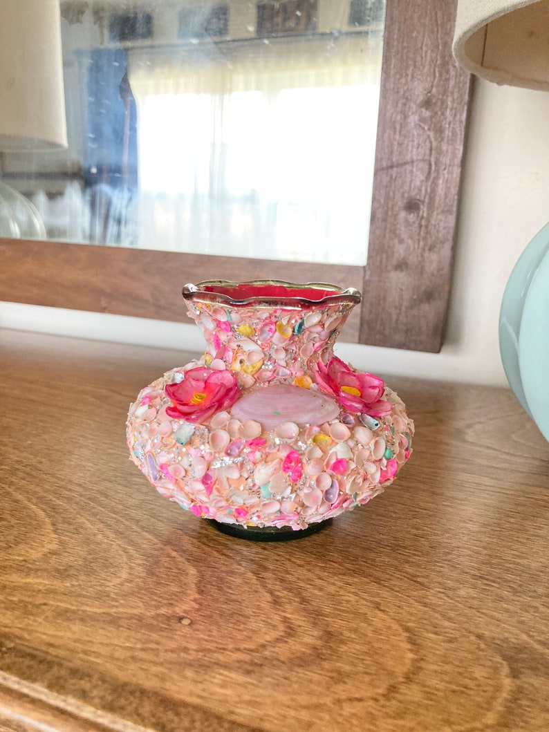 Pink seashell and silver glitter encrusted vase3-1/2 tall x 4 bottom diameterseashell mosaic folk art vase1950sshell artgift for Mom image 1