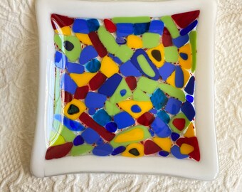 Fused glass plate~7-3/4" square~bright colored glass~blue red green yellow~white border~artist gift~holiday dish~eclectic decor~Christmas