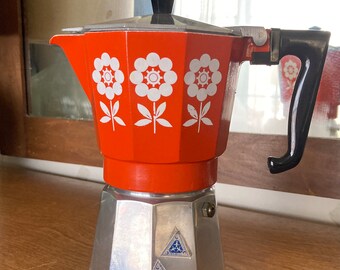 Gemelli Stilnova vintage Italian stovetop espresso maker~dark orange with flowers~8-1/4" tall x 3-3/4" bottom diameter~1960s~retro kitchen