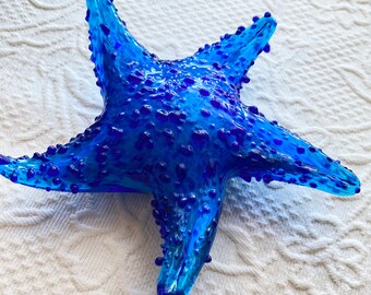 Cobalt blue glass starfish paperweight~6" wide~raised glass drops~ocean~sea~the shore~beach house decor~Valentines gift~gift for her or him